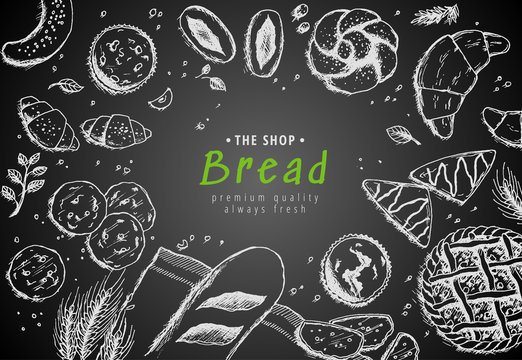 Vector bakery vintage background design. Hand drawn bread sketch illustration with wheat, flour on dark background. Concept for bakery menu, organic flour, grain and cereal products.