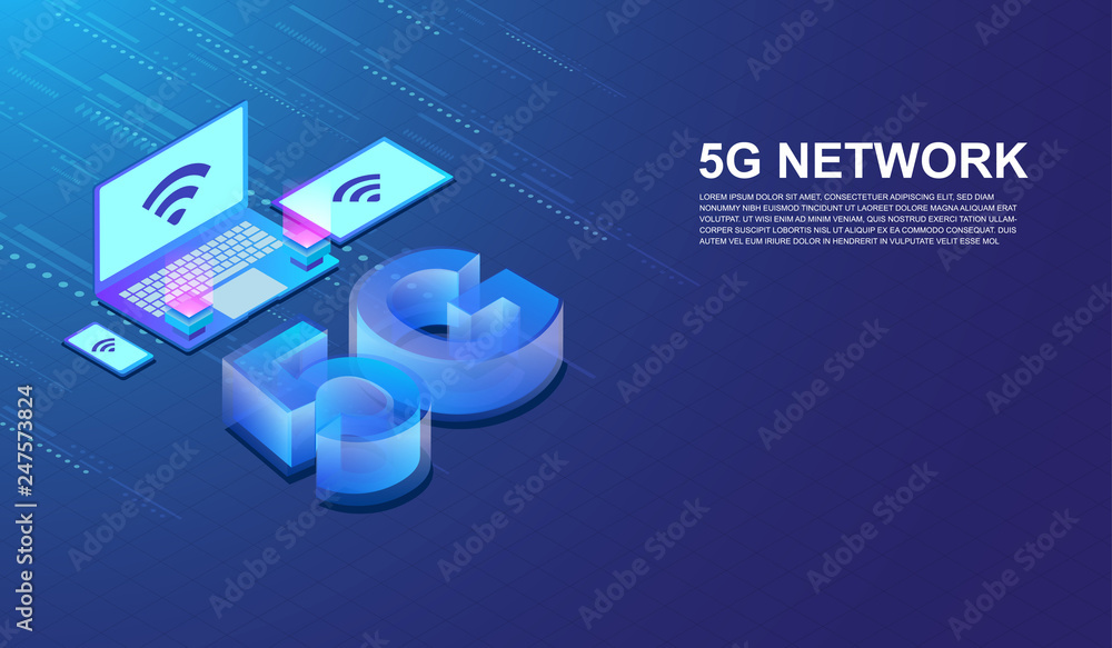 Poster 5g network internet connected by smartphone, tablet and computer laptop isometric concept vector.