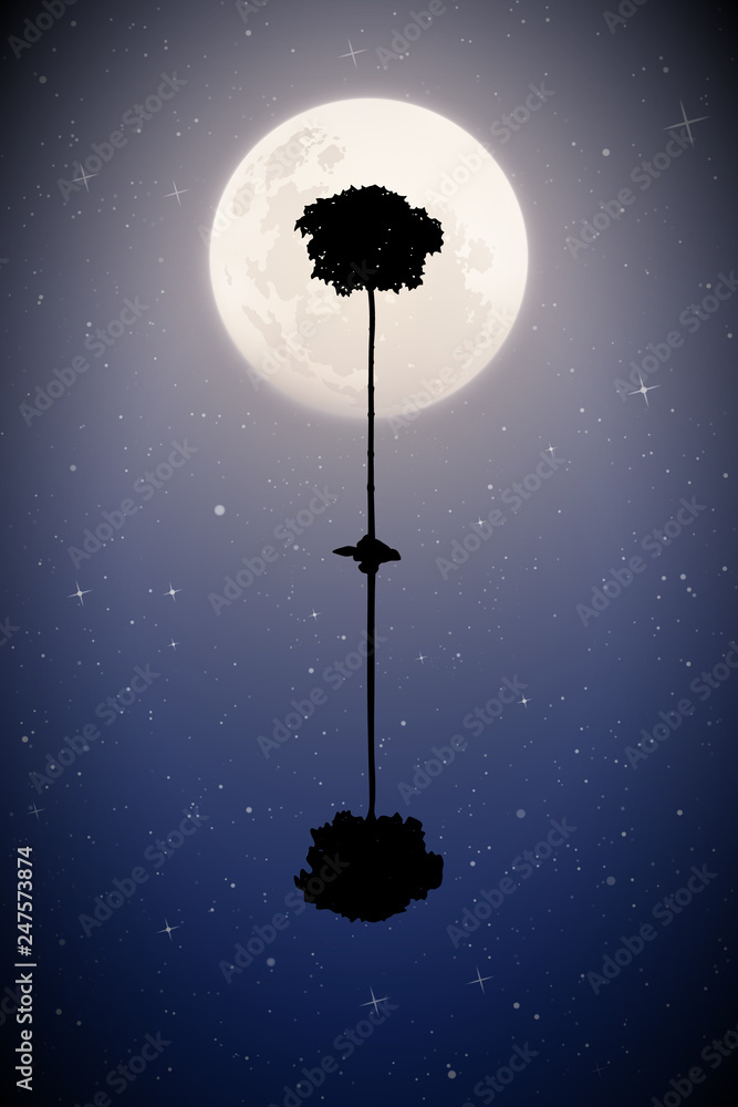 Sticker vector landscape with lonely tree on moonlit night. illustration with silhouette of maple reflected 