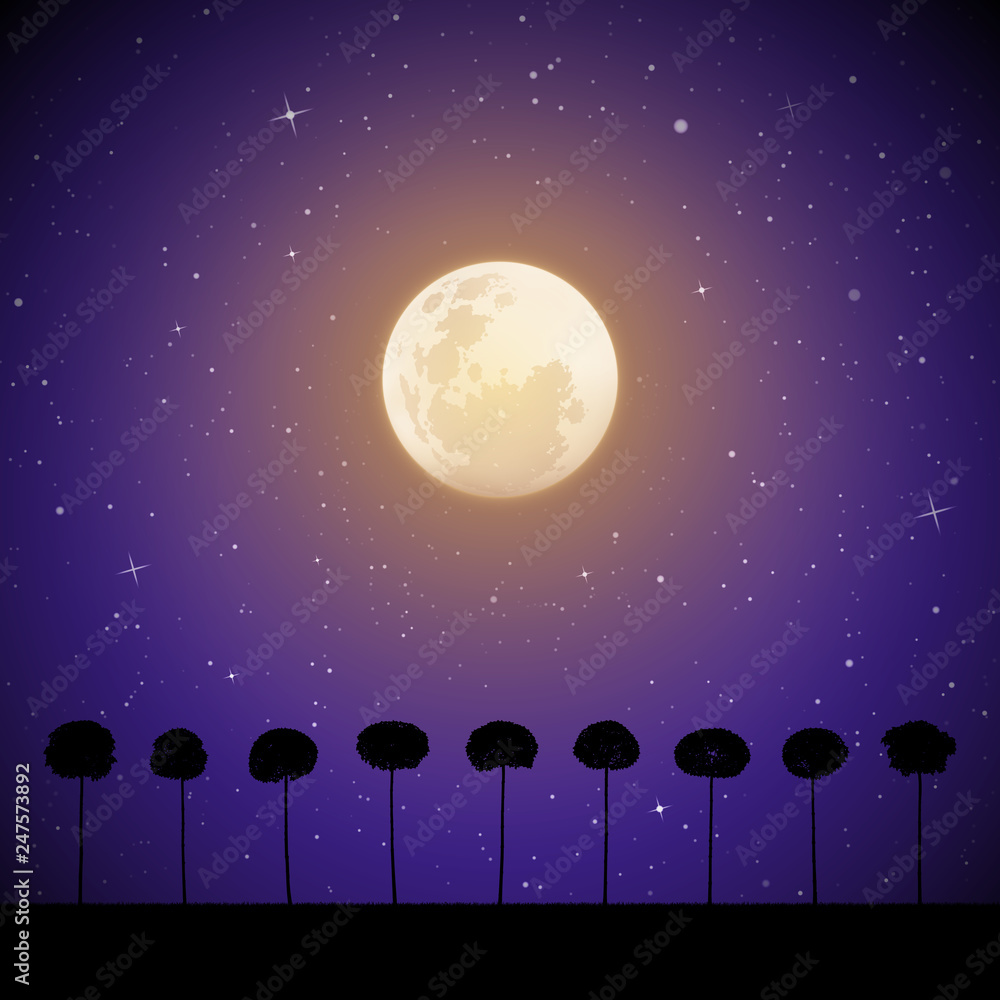 Sticker vector landscape with trees on moonlit night. illustration with silhouettes of maples growing in gra