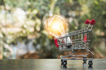 Energy saving light bulb with shopping cart financial and shopping concept and copy space for...
