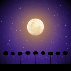 Naklejka premium Vector landscape with trees on moonlit night. Illustration with silhouettes of maples growing in grass. Full moon in starry sky