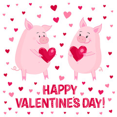Happy Valentines Day card with pigs in love. Vector illustration with hearts and piggy's. 