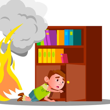 Kid Boy Climbs Into Cabinet Shelf Clothes To Hide From Smoke And Fire Vector. Isolated Illustration