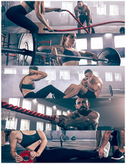 Collage about man with battle rope and woman in the fitness gym. The gym, sport, rope, training, athlete, workout, exercises concept