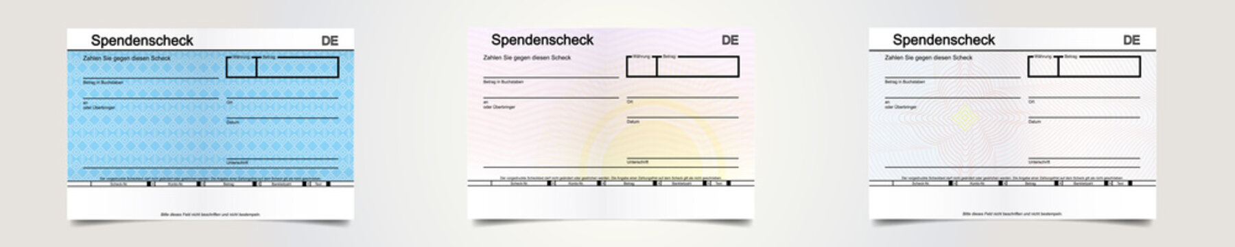 Set aus Spendenschecks mit abstrakten Hintergr&uuml;nden