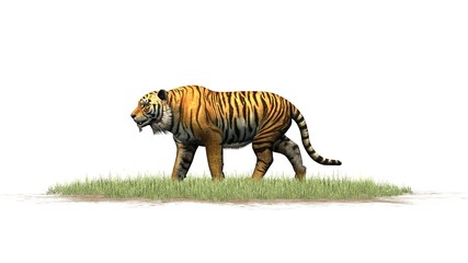 Tiger on green grass area - isolated on white background