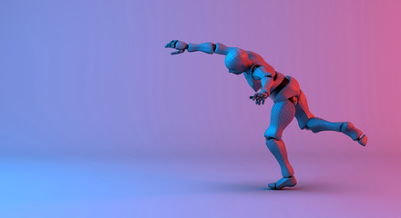 Fototapeta na wymiar Robot wireframe throw action on gradient red violet background