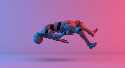 Obraz premium Robot wireframe float on gradient red violet background
