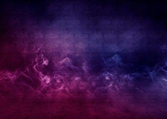 The background of an empty room with brick walls and concrete floor tiles. Neon light, spotlight, smoke