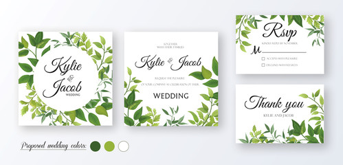  Wedding Invitation, thank you, rsvp card. Floral design with green watercolor fern leaves, foliage greenery decorative frame print. Vector elegant cute rustic greeting, invite, postcard 
