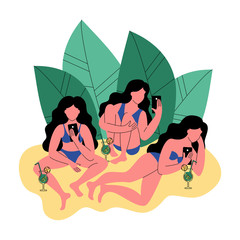 Three women in bikini use a smartphone. Women with cocktails. Vector illustration.