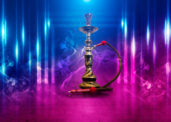 Smoke hookah dark, blue grunge background. Concrete covering, tile. Neon light, smoke, smog