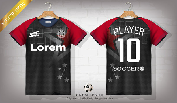Soccer jersey and t-shirt sport mockup template, Graphic design for football kit or activewear uniforms, Ready for customize logo and name, Easily to change colors and lettering styles in your team.