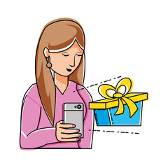 woman using smartphone with gift
