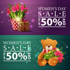 Women's day discount banners with bucket with tulips, gift and Teddy bear with a bouquet of tulips