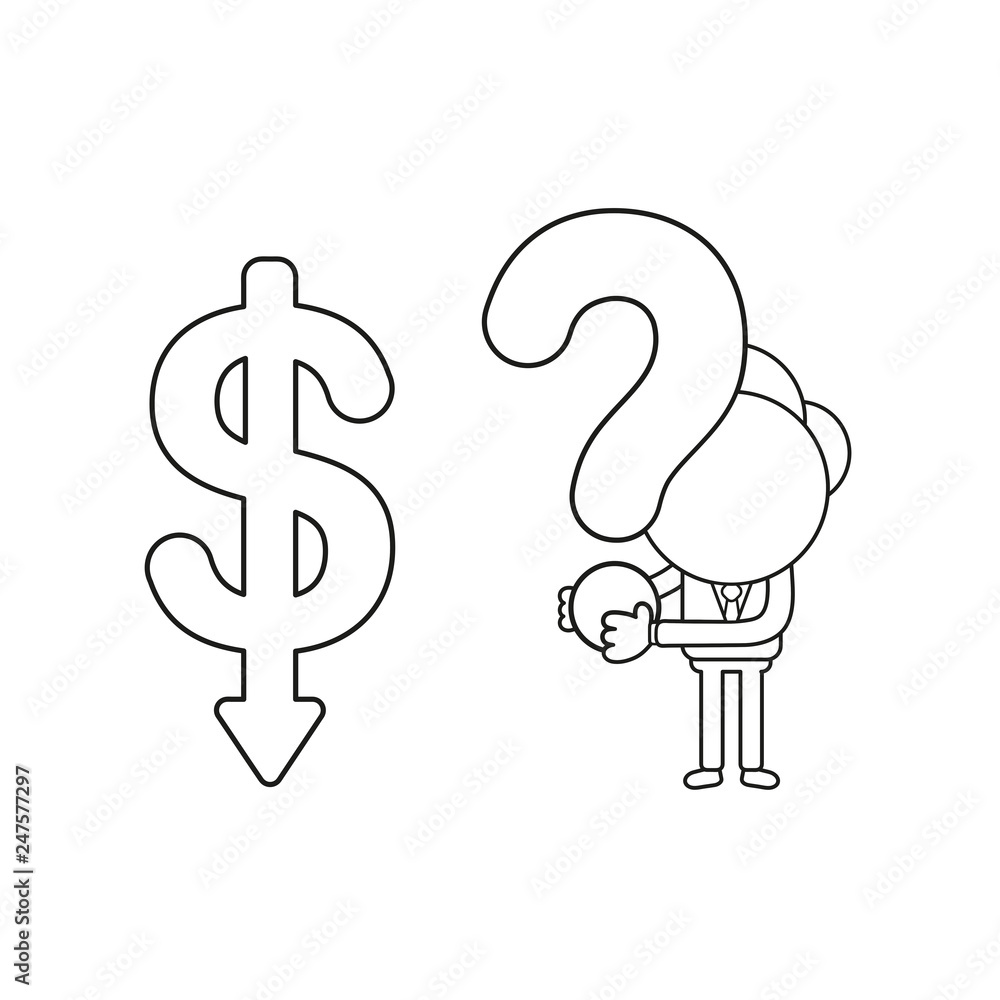 Poster vector businessman character with dollar arrow moving down and holding question mark. black outline.