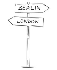 Artistic drawing of old wooden two directional road arrow sign with city Berlin and London texts. Concept of Germany and United Kingdom relations.