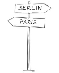 Artistic drawing of old wooden two directional road arrow sign with city Berlin and Paris texts. Concept of Germany and France relations.