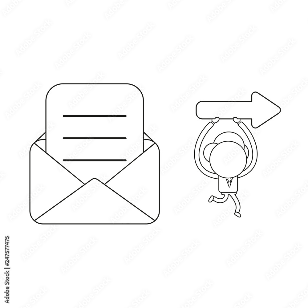 Poster vector businessman character with written paper in open mail envelope and running and carrying arrow