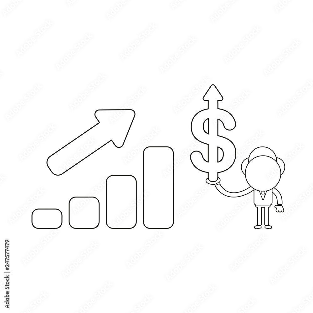 Poster vector businessman character with sales chart moving up and holding dollar arrow moving up. black ou