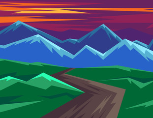 Color vector illustration in flat style. Horizontal landscape with mountain views. Dawn of the sun in the mountains. Silhouettes of mountains against the pink sky