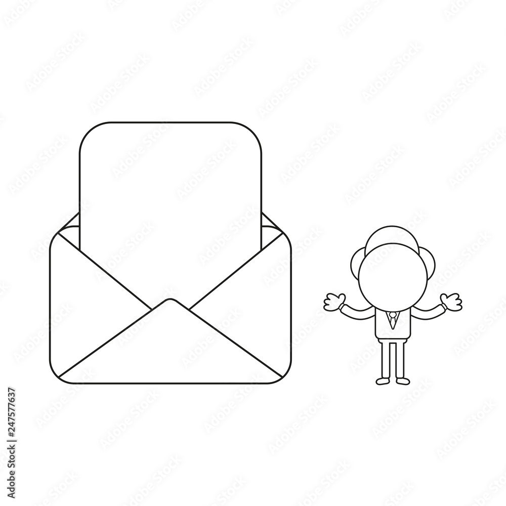 Aufkleber vector businessman character with blank paper in open mail envelope. black outline.