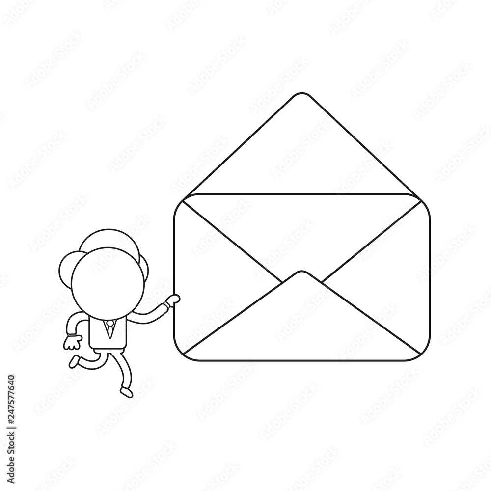 Aufkleber vector businessman character running and carrying open empty mail envelope. black outline.