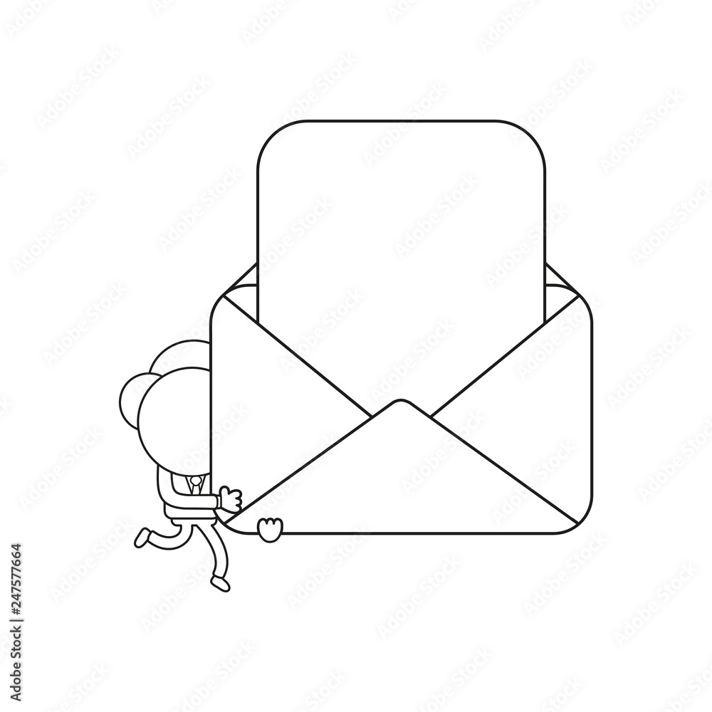 Poster vector businessman character running and carrying blank paper in open mail envelope. black outline.