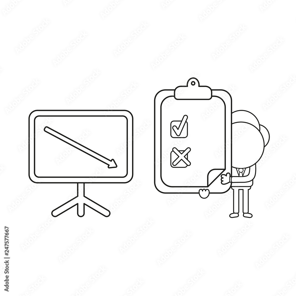 Poster vector businessman character with sales chart arrow moving down and holding clipboard with check and