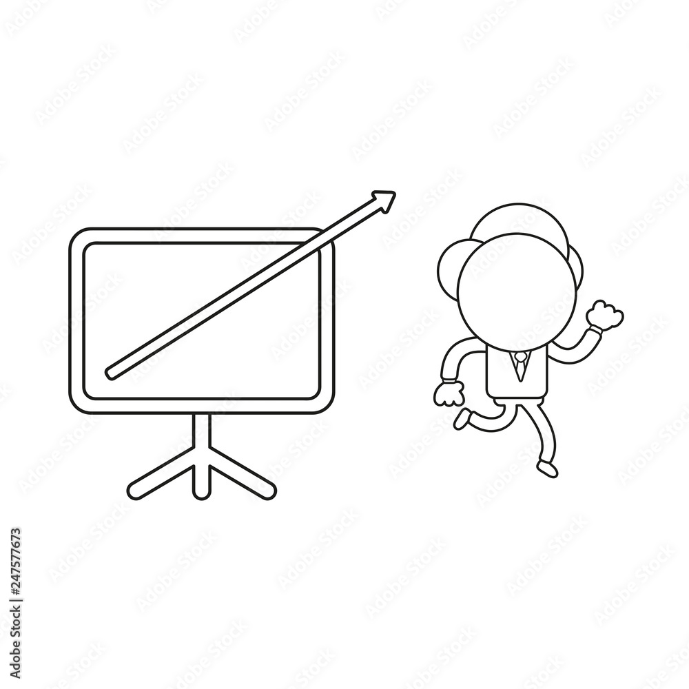 Poster vector businessman character running with sales chart arrow moving out of chart. black outline.