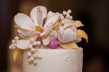 wedding cake decorated with white   flowers 