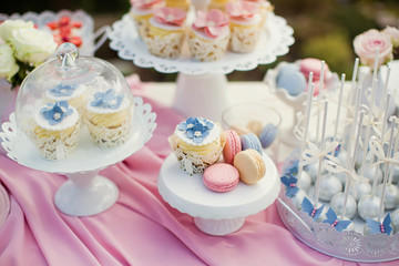 Candy bar with blue, pink and white cupcakes, macaroons and cake pops