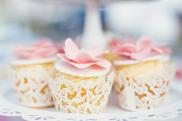 Fototapeta na wymiar cupcakes with cream and flower decorations