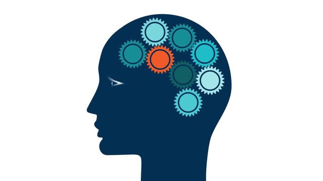 Cog wheels in the head of a person in the form of a brain, the concept of thinking of people