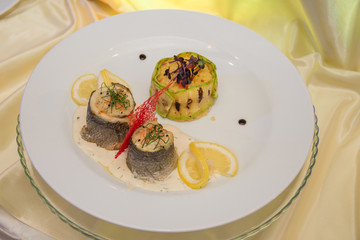  menu restaurant -aperitif on plate,Delicacies and snacks in the buffet. Seafood. A gala reception. Banquet. Catering