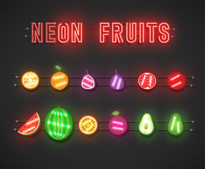 Realistic neon fruit set, vector illustration