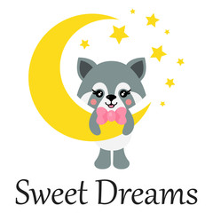 cartoon cute raccoon with tie on the moon and text