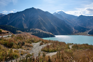 Kazakhstan. Almaty. The Big Almaty Lake. View of the dam. Peak Skalisty and Peak Sovetov