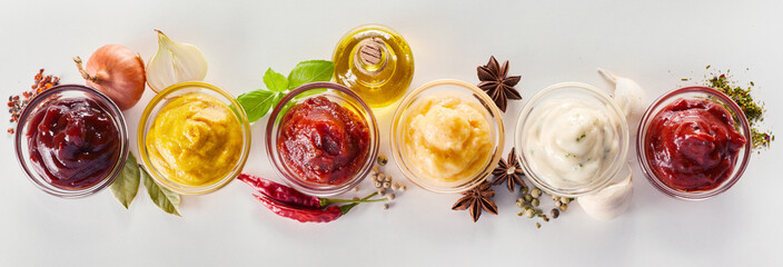 Variety of dips, marinades and sauces with spices - obrazy, fototapety, plakaty