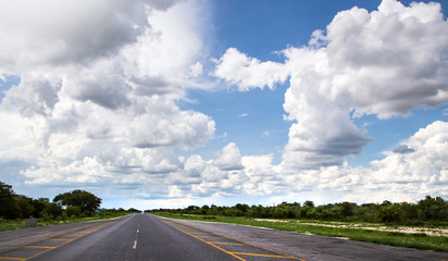 Long open road with large clouds in Botswana.