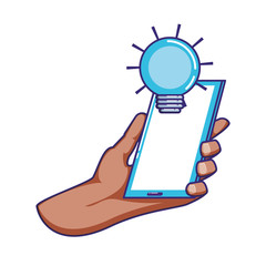 hand using smartphone with bulb