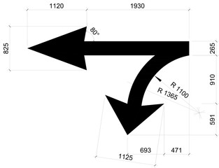 Black and white illustration image of road direction arrow complete with dimension metric unit. 