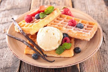 waffles with berry and ice cream