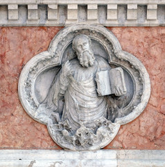 Saint Paul by Giovanni Ferabech relief on facade of the San Petronio Basilica in Bologna, Italy
