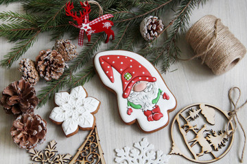 Handmade rectangular cookies on a wooden table. Merry Christmas and Happy New Year 2018! Dwarf