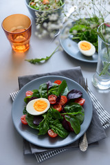 Salad mix with spinach, arugula,beet leaves, tomatoes and eggs on gray wooden background. Vegetarian food concept. Selective focus.
