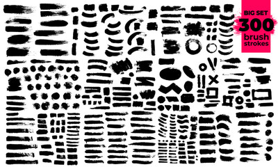 Giant set of black brush strokes. Paint, ink, brushes, lines, grunge. Strokes text. Dirty artistic design elements, boxes, frames. Freehand drawing. Vector illustration. Isolated on white background.