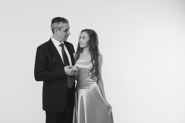 couple in love hugs on white background. man and woman smiling. Valentine's day