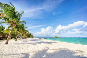 Empty sunny Koh Lipe Beach with tall palms and beach bungalows